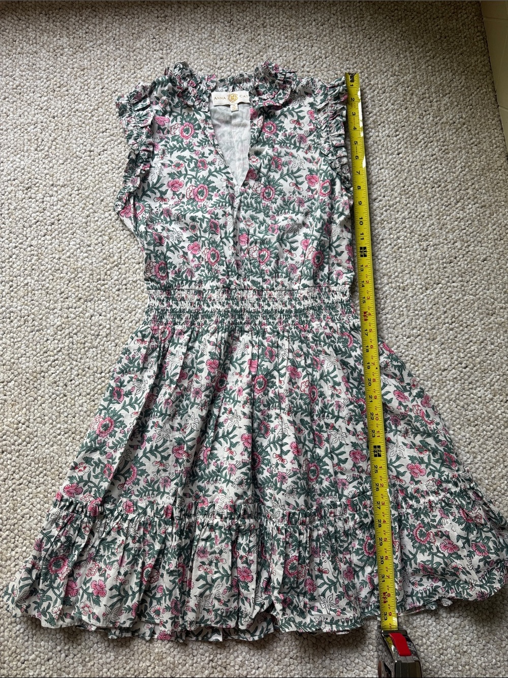 Anna Cate Floral Ruffle-Sleeve Smocked Mini Dress in Green and Pink Size XS